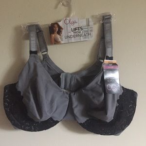 Olga Bra 40DD Luxury Lift Gray w/ Black Lace